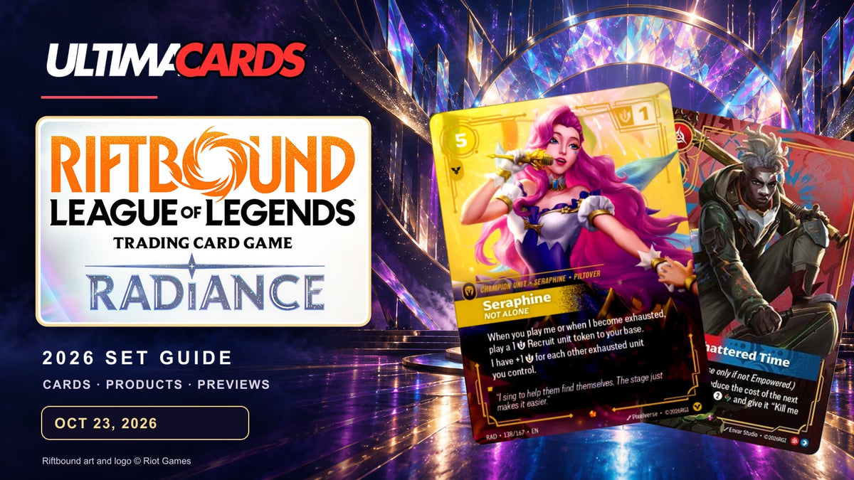 Ultima Cards cover with the official Riftbound Radiance set logo and Seraphine and Ekko card previews