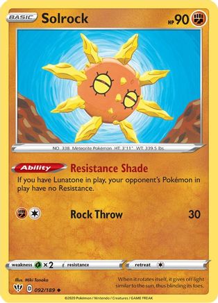 Solrock - 092/189 - Reverse Holofoil SWSH03 Darkness Ablaze - Uncommon