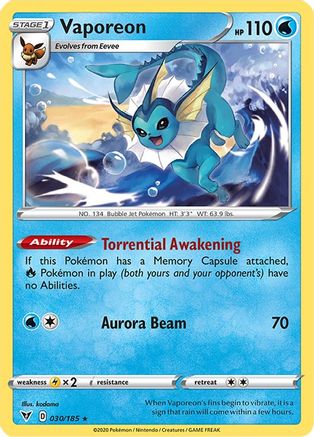 Vaporeon - 030/185 - Reverse Holofoil SWSH04 Vivid Voltage - Rare