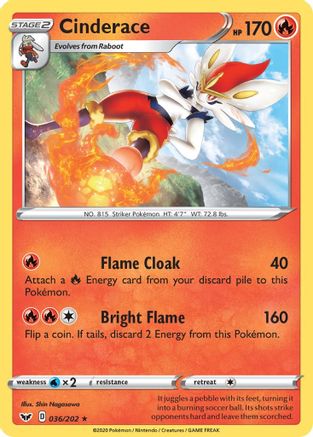 Cinderace (036) - 036/202  - Reverse Holofoil SWSH01 Sword & Shield Base Set - Rare