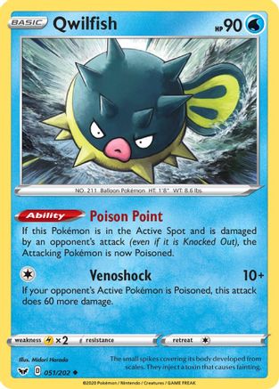 Qwilfish - 051/202  - Reverse Holofoil SWSH01 Sword & Shield Base Set - Uncommon