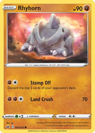 Rhyhorn (097) - 097/202  - Reverse Holofoil SWSH01 Sword & Shield Base Set - Common