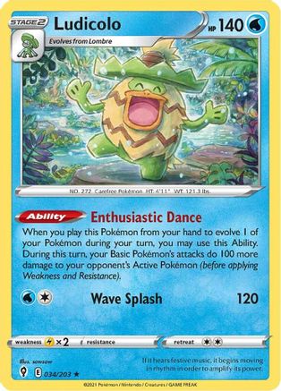 Ludicolo - 034/203  - Reverse Holofoil SWSH07 Evolving Skies - Holo Rare