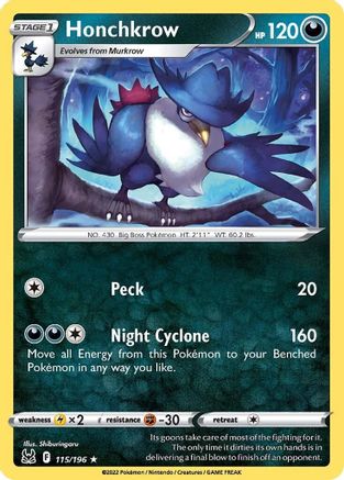 Honchkrow - 115/196  - Reverse Holofoil SWSH11 Lost Origin - Rare