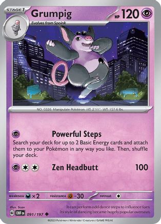 Grumpig - 091/197  - Reverse Holofoil SV03 Obsidian Flames - Uncommon