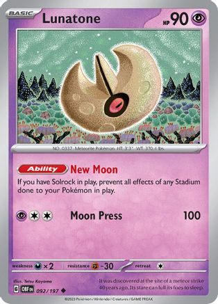 Lunatone - 092/197  - Reverse Holofoil SV03 Obsidian Flames - Uncommon